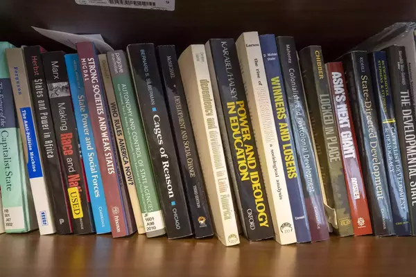 Books lined up on a shelf.